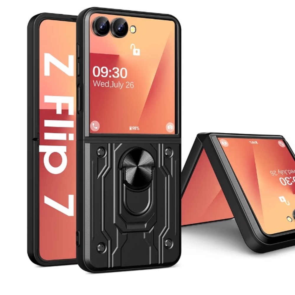Samsung Z Flip 7 Rugged Black Case with Rotating Ring Kickstand